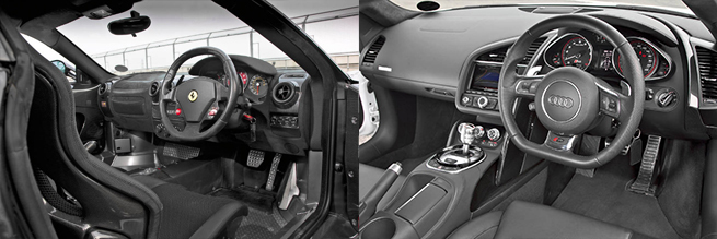 La cabina del Ferrari muy limpia, tiene un aire con mucho propósito deportivo. El interior del RS presenta la funcionalidad limpia emblemática de Audi