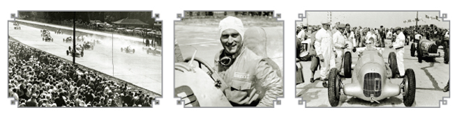 1. La arrancada de la carrera internacional de Eifel en 1934 2. Luigi Fagioli 3. Manfred von Brauchitsch en la parrilla de salida, atrás de él varios autos blancos