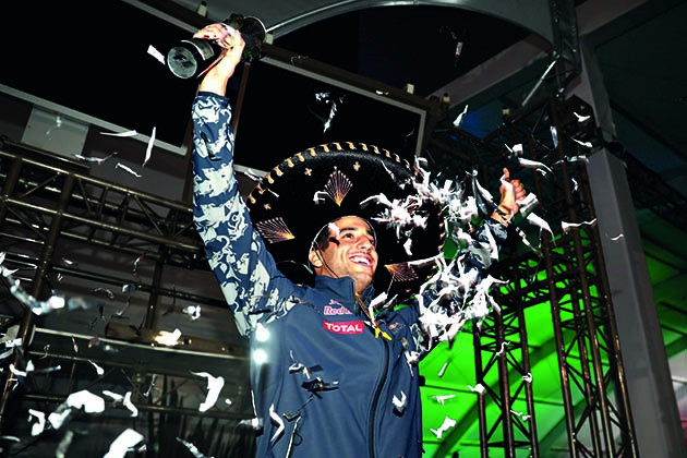 MEXICO CITY, MEXICO - OCTOBER 30: Daniel Ricciardo of Australia and Red Bull Racing celebrates getting third position after Sebastian Vettel of Germany and Ferrari was given a 10 second penalty following a stewards enquiry during the Formula One Grand Prix of Mexico at Autodromo Hermanos Rodriguez on October 30, 2016 in Mexico City, Mexico. (Photo by Mark Thompson/Getty Images) // Getty Images / Red Bull Content Pool // P-20161031-00163 // Usage for editorial use only // Please go to www.redbullcontentpool.com for further information. //