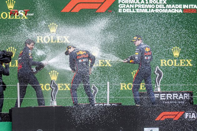 Celebración del podio con Max Verstappen, Sergio Pérez y Lando Norris en el GP de Emilia Romaña de F1 en Imola (FOTO: Daniele Benedetti para FASTMag)