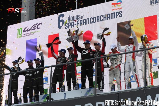El podio absoluto de las "6H de Spa", segunda fecha del WEC 2022. Lo integraron el Toyota No. 7, el Alpine No. 36 y el WRT LMP2 No. 31 (FOTO: Benoit Maroye para FASTMag)