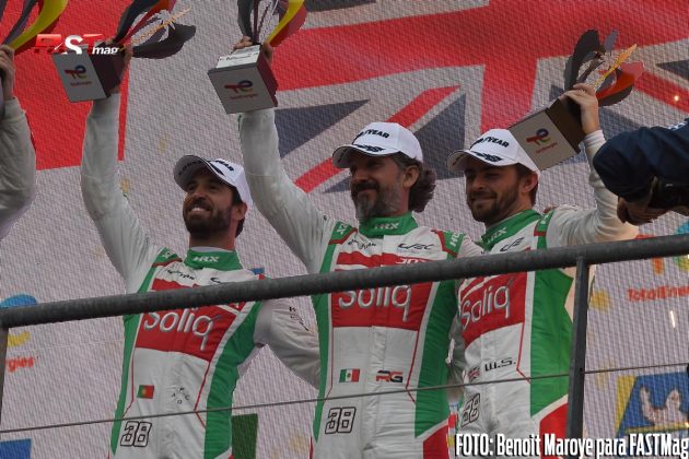 Roberto González, Antonio Félix da Costa y Will Stevens en el podio de las de las "6H de Spa", segunda fecha del WEC 2022, clase LMP2 (FOTO: Benoit Maroye para FASTMag)