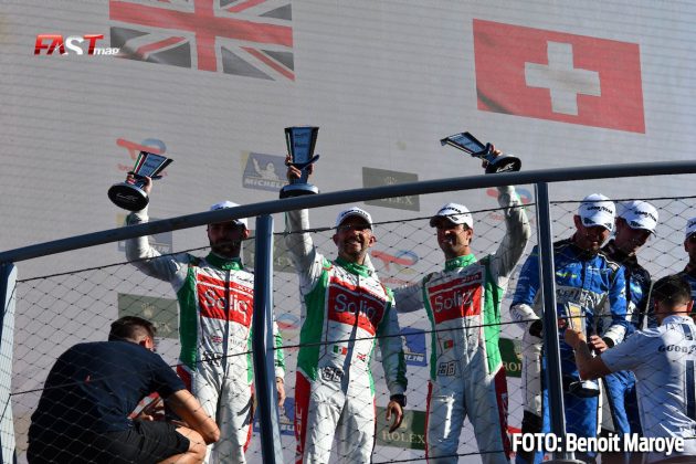 Roberto González, Antonio Félix da Costa y Will Stevens, del JOTA No. 38 de LMP2, tras finalizar en segundo lugar en su clase en las "6H de Monza" del WEC 2022.