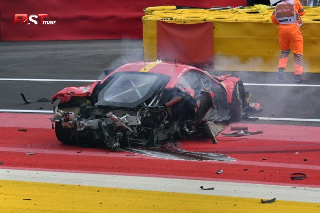 Accidente del Ferrari 488 GTE EVO No. 54 de AF Corse de Flohr-Castellacci-Rigon (GTE Am) en las prácticas de las "6 Horas de Spa" del WEC 2023 (FOTO: Benoit Maroye para FASTMag)