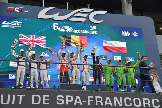 El podio de la clase LMP2 de las "6 Horas de Spa" del WEC 2023, encabezado por Rui Andrade, Robert Kubica y Louis Déletraz (ORECA No. 41 de Team WRT). FOTO: Benoit Maroye para FASTMag