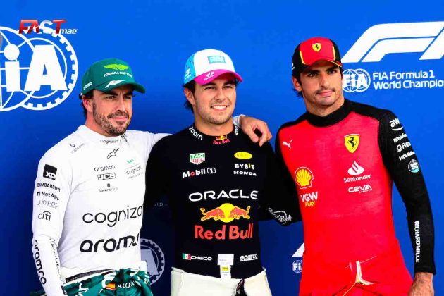 Sergio Pérez (Red Bull Racing), Fernando Alonso (Aston Martin F1 Team) y Carlos Sainz (Scuderia Ferrari), los tres primeros lugares en la calificación del Gran Premio de Miami 2023 de F1 (FOTO: Luis Ugarte para FASTMag)