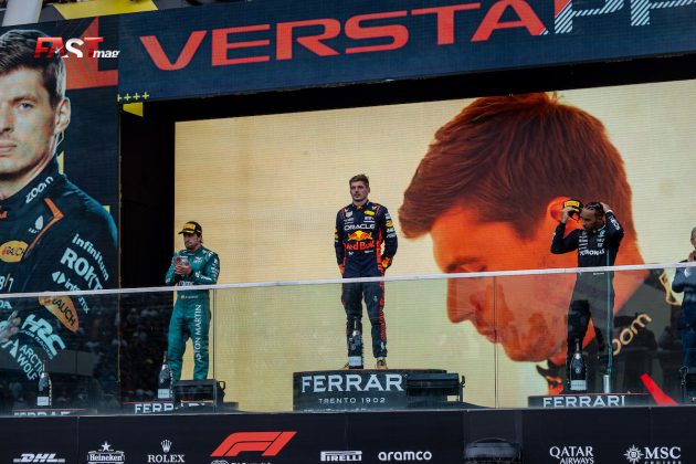 Max Verstappen (Red Bull Racing), Fernando Alonso (Aston Martin F1 Team) y Lewis Hamilton (Mercedes-AMG F1 Team), podio del Gran Premio de Canadá 2023 de F1 (FOTO: Arturo Vega para FASTMag)