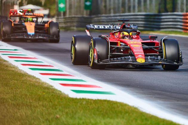 Charles Leclerc (Scuderia Ferrari) y Lando Norris (McLaren Racing) durante la Práctica 2 del GP de Italia 2023 de F1 (FOTO: Piergiorgio Facchinetti para FASTMag)