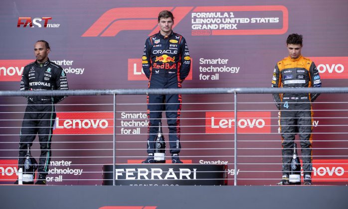 Max Verstappen (Red Bull Racing), Lewis Hamilton (Mercedes-AMG) y Lando Norris (McLaren), integrantes del podio preliminar del GP de Estados Unidos F1 2023 (FOTO: Eduardo Rodríguez para FASTMag)